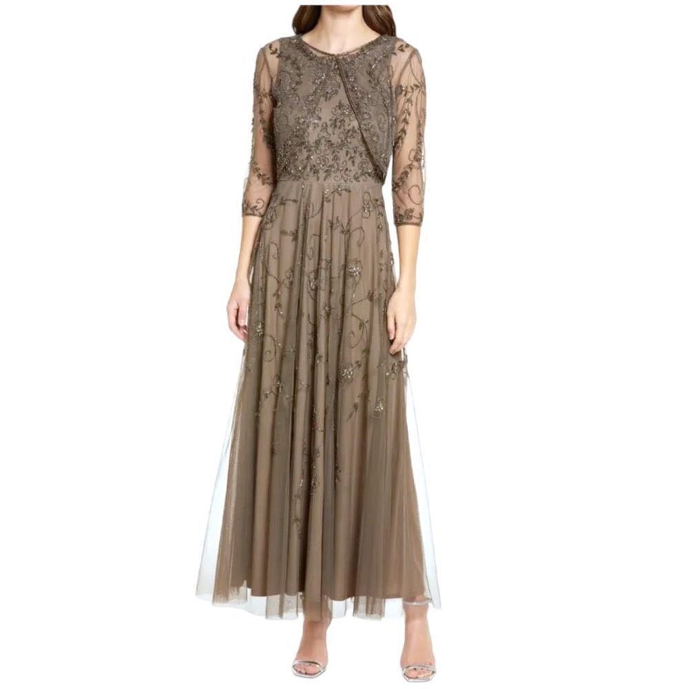 PISSARRO NIGHTS Brown Mocha Gown Beaded Mesh With Jacket Size 2 NWT